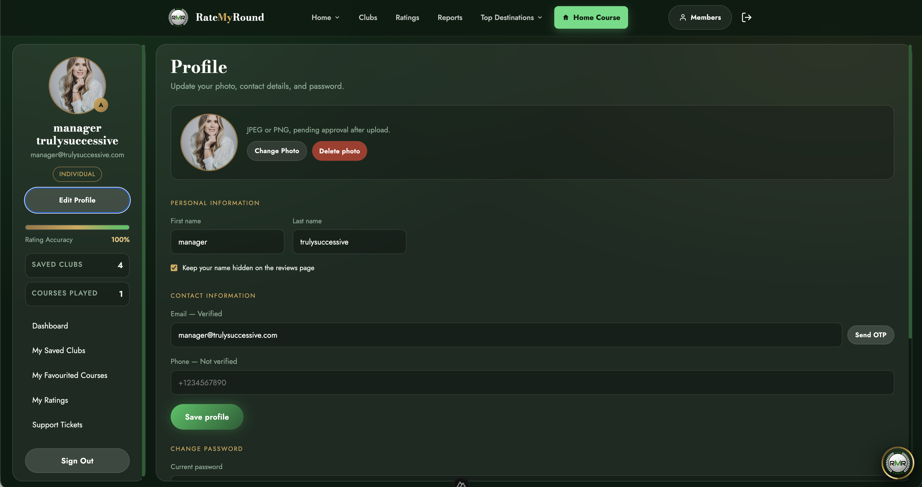 Home course, preferences, and account